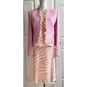 ESCADA 3 Piece 100% Silk Pastel Blouse Skirt Pink Ruffled Tweed Jacket Set 34/36